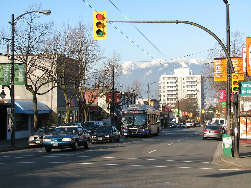 A busy multi-lane road in Vancouver seen from a driver’s point of view